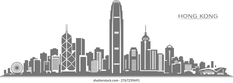 Balanced linear skyline of Hong Kong featuring IFC, Bank of China Tower, and dense Victoria Harbour buildings. Clean structure and refined spacing make it suitable for branding, travel graphics, and editorial layouts.