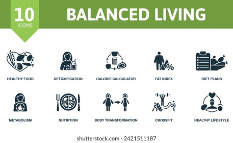 Balanced living icons set. Creative icons: healthy food, detoxification, calorie calculator, fat index, diet plans, metabolism, nutrition, body transformation, crossfit, healthy lifestyle.