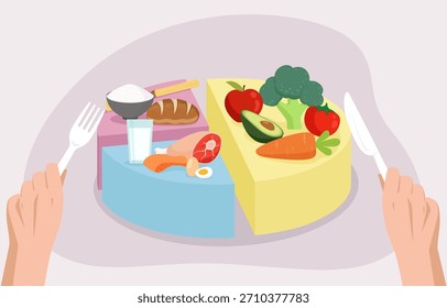Una comida equilibrada en un plato seccionado. Nutrición y terapia dietética.