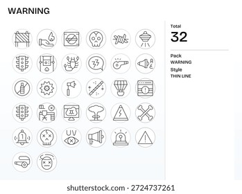 Una mezcla equilibrada de 32 iconos de líneas finas para advertencia, ajustados para rasterización limpia.