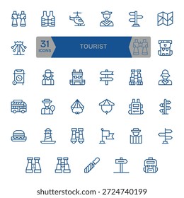 Una mezcla equilibrada de 35 iconos de línea regular para el turista, ajustado para rasterización limpia.