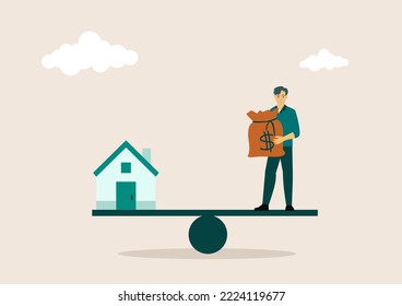 Balanced model house, balance concept. Real estate money, vector illustration.
