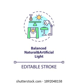 Balanced natural and artificial light concept icon. Comfortable living space. Sunlight from window. Biophilia idea thin line illustration. Vector isolated outline RGB color drawing. Editable stroke