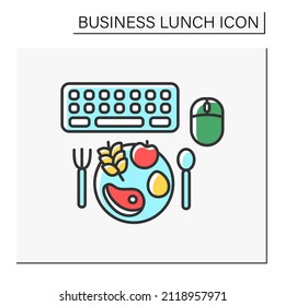 Balanced nutrition color icon. Dinner at work. Keyboard and computer mouse. Workplace. Snack. Business lunch concept. Isolated vector illustration