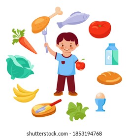Balanced nutrition concept. Happy Little boy and different types of food. Vector illustration.