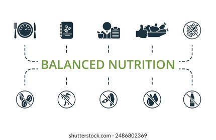 Balanced nutrition icons set. Creative icons: calories, vegan menu, nutritionist, good food, non gmo, nut free, palm oil free, soy free, zero trans fat, lactose free.