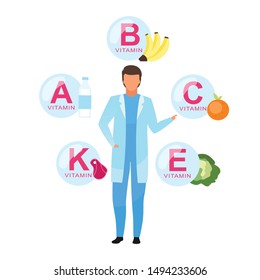 Balanced nutrition ingredients flat vector illustration. Doctor explaining vitamin sources isolated cartoon character on white background. Nutritionist offering healthy fruits, dairy, meat products
