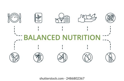 Balanced nutrition outline icons set. Creative icons: calories, vegan menu, nutritionist, good food, non gmo, nut free, palm oil free, soy free, zero trans fat, lactose free.