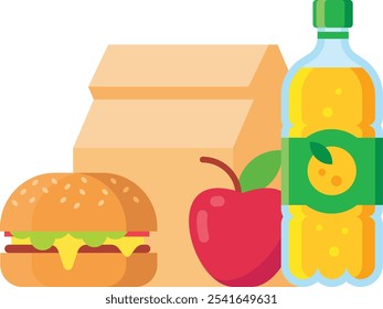 Balanced and nutritious meal is created by a brown paper lunch bag next to a burger, a red apple, and a bottle of orange juice