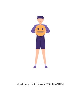 balanced review concept, ordinary rating. user feedback. illustration of person holding flat or regular face emoji symbol. flat cartoon style. vector design