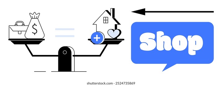 Balanceamento de escala com pasta e saco de dinheiro de um lado, casa e coração do outro lado. Sinal de igual azul e bolha de texto Compras. Ideal para imóveis, e-commerce, finanças, casa, negócios