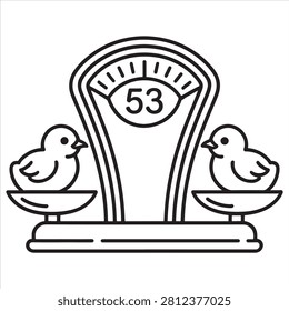 Balanced scale with chicks weighing at equal value of 53