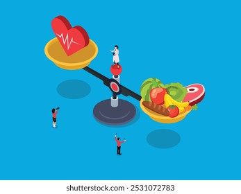 Se representa una escala equilibrada, con un corazón en un lado y una variedad de alimentos saludables en la otra Ilustración vectorial isométrica 3D