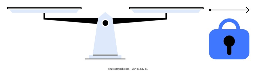 A balanced scale with a lock on the right side, featuring minimalist, clean line art. Ideal for themes such as security, fairness, balance, equality, and protection. Style is minimalist, modern
