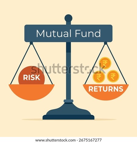 Balanced scale with “Risk” on one side and Rupee coins labeled “Returns” on the other, representing mutual fund trade-offs