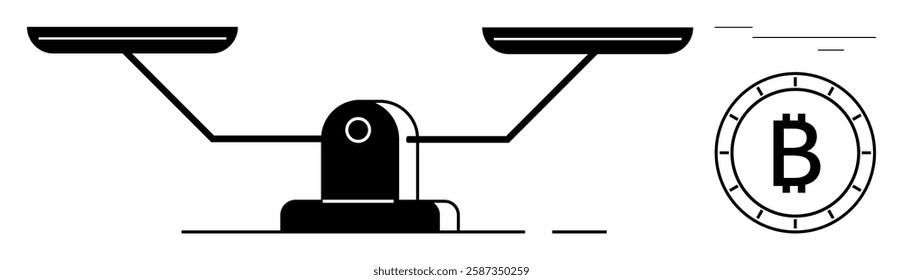 Balanced scale parallel to Bitcoin symbol with dashed lines. Ideal for finance, cryptocurrency, investment, trading, market analysis, economic balance, and digital currency themes. Line metaphor
