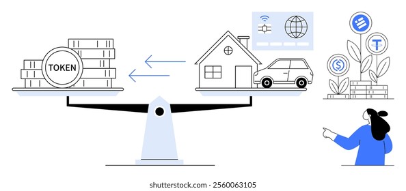 A balanced scale with tokens on one side and a house and car on the other. A person points to digital icons representing financial growth and technology. Ideal for digital currency, real estate