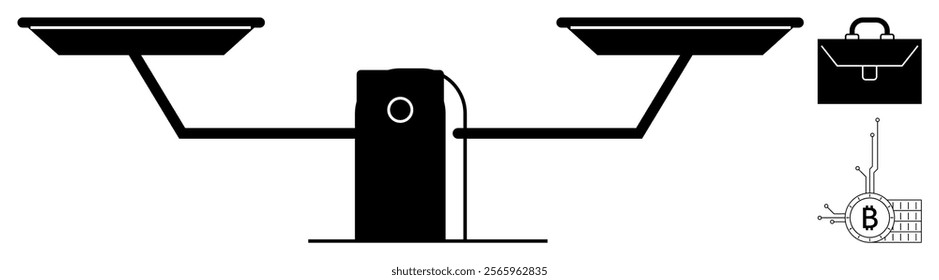 Balanced scale with two trays accompanied by business briefcase and Bitcoin symbol. Ideal for economy, business, cryptocurrency, finance, and trade themes. Simple clean style