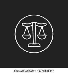 Balanced scales chalk white icon on black background. Freelance notary services. Attorney for legal protection. Lawyer to defend in court. Criminal justice. Isolated vector chalkboard illustration