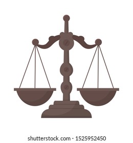 Balanced scales flat vector illustration. Old fashioned, vintage weight measuring device with empty bowls. Judicial system, justice, equality symbol isolated on white background. Courtroom accessory