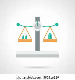 Balanced scales with green weights. Flat color vector icon