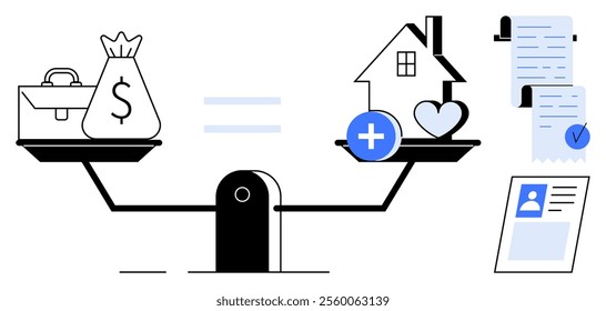 Balanced scales with money and briefcase on one side and house with heart and cross on the other. Ideal for financial planning, work-life balance, real estate, healthcare, and family values themes