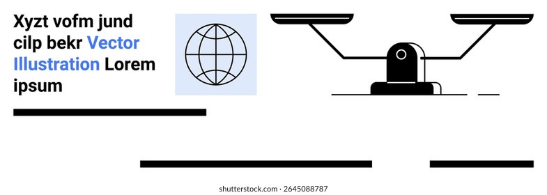 Balanced scales next to a globe icon with placeholder text, Ideal for legal services, educational materials, science presentations, business analytics, web design, app interfaces, and branding