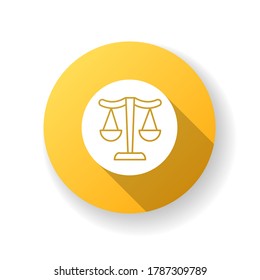 Balanced scales yellow flat design long shadow glyph icon. Freelance notary services. Lawyer to defend in court. Criminal justice. Harmony in work and life. Silhouette RGB color illustration