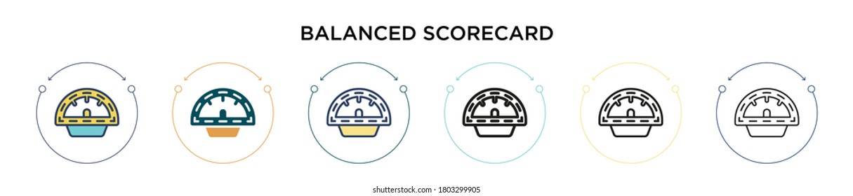 Icono de cuadro de mandos equilibrado en estilo relleno, delgado, contorno y trazo. Ilustración vectorial de dos iconos vectoriales de cuadro de mando equilibrado de color y negro se pueden utilizar para móviles, ui, web