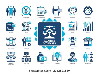 Balanced Scorecard Symbol Set. Strategie, Manager, Kunde, Überwachung, Finanzen, Business, Zielsetzung, Markt. Duotone-Farbsymbole