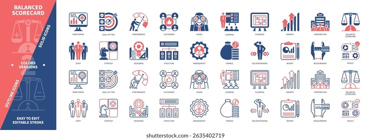 Balanced Scorecard icon set. Strategy, Management, Customers, Staff, Finance, Decision Making, Goal Setting, Performance. Duotone color solid and editable outline icons