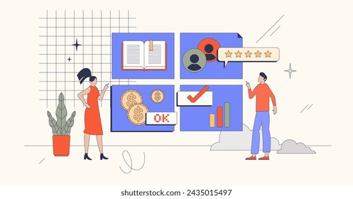 Balanced scorecard as main business aspects measurement retro tiny person concept. Information report about learning, company growth, business process, customers and finances vector illustration.