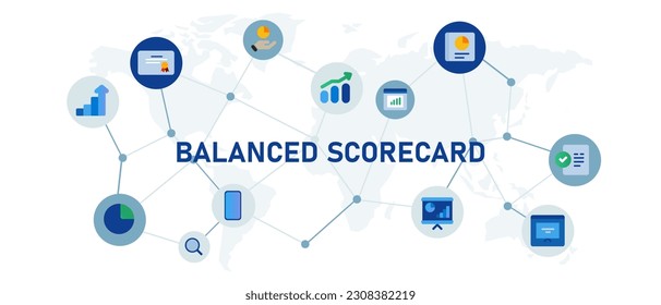 Balanced scorecard score card company internal review management global concept of business interconnected icon set illustration