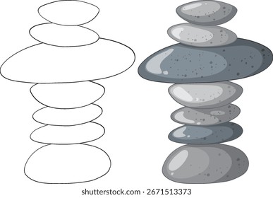 Balanceamento de pedras lisas em tons de cinza, contorno lado a lado e vetor colorido, estilo digital limpo