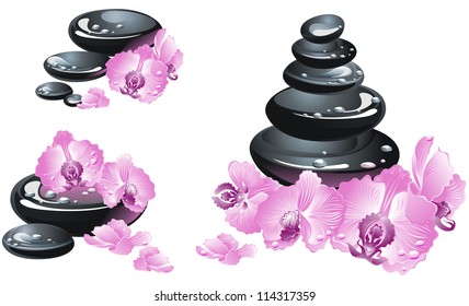 Balanced spa stones and orchid flowers