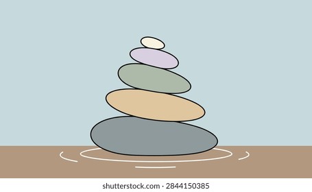 Balanced stack of five colorful smooth stones over water ripples reflecting peace harmony and zen philosophy.