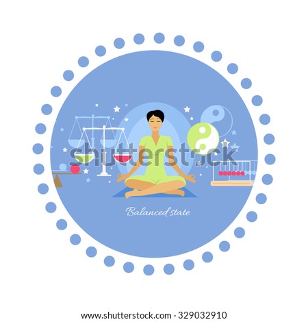 Balanced state woman icon flat isolated.  Person meditation yoga, healthcare and mood, expression feeling mental, pose relax, thinking and harmony, lifestyle emotion illustration