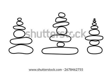 Balanced stone cairns forming a pyramid like pile, symbolizing zen, harmony, and meditation. Minimalist composition, peace, tranquility, and mindfulness. Wellness, spa, nature and relax concept vector