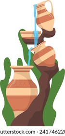 Balanced terracotta pots pouring water on green leaves. Sustainable living and harmony with nature vector illustration.