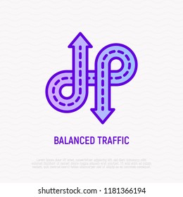 Balanced traffic, roads with arrows thin line icon. Element of smart city. Modern vector illustration, logo for road construction.