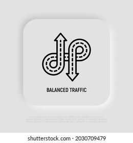 Balanced traffic, roads with arrows thin line icon. Element of smart city. Modern vector illustration, logo for road construction.