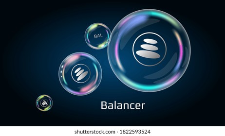 Balancer BAL token symbol in soap bubble, coin DeFi project decentralized finance. The financial pyramid will burst soon and destroyed. Vector EPS10.