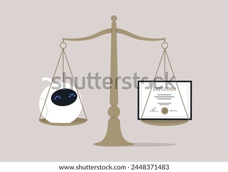 Balancing Act, AI and Education Weighed on Justice Scales, A stylized depiction of artificial intelligence and a diploma in equilibrium on balance scales