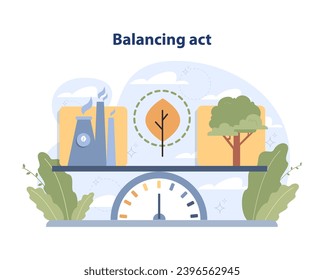 Balancing Act concept. Industry and nature coexist on a scale, signifying harmony and sustainable development. Equilibrium between progress and ecology. Flat vector illustration.
