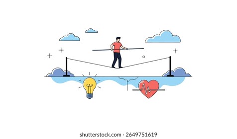 Balancing act on a tightrope representing progress towards goals and well-being concepts