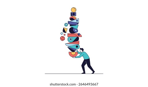 Balancing act stacking different geometric shapes requires strength and patience illustrated design
