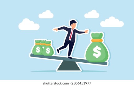 Balancing between choosing one high profit project or multiple projects with modest returns concept of A businessman standing on a seesaw with one large of money on one end and several smaller bags