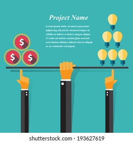 Balancing between idea bulb and money coin vector concept