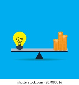 Balancing between money and idea. Flat vector illustration