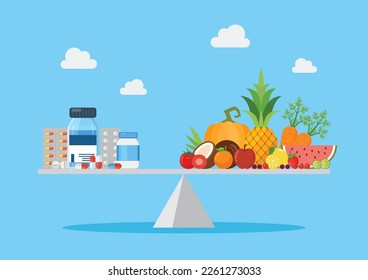 Balancing between vitamin pills and healthy food. Healthy lifestyle concept